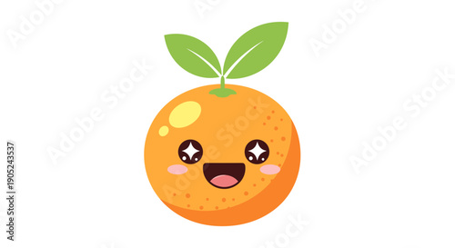 A cartoon orange with a smiling face and green leaves is depicted in a simple illustration style from a front viewpoint.