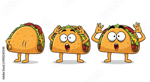 Three cartoon tacos with expressive faces and anthropomorphic features standing in a row, showcasing vibrant colors and playful design elements from a straightforward viewpoint