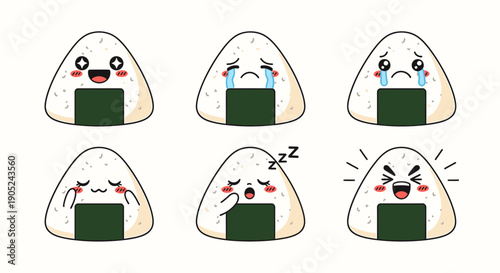 A series of cartoon rice balls with different facial expressions holding green cards viewed from the front