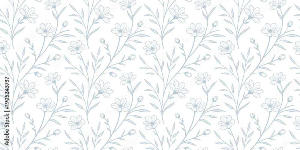 Fototapeta premium Seamless blue floral pattern with delicate leaves on a light background. Elegant botanical wallpaper design for textiles, stationery, and interior . Soft vintage style repeating nature ornament. 