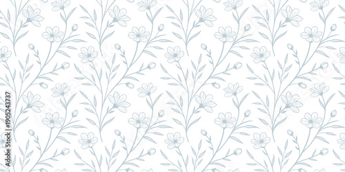Seamless blue floral pattern with delicate leaves on a light background. Elegant botanical wallpaper design for textiles, stationery, and interior . Soft vintage style repeating nature ornament. 