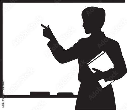 Silhouette of a person pointing at a whiteboard while holding books