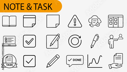 Icons for Note & Task: A comprehensive set of icons, neatly arranged and ready for use. Each icon represents essential components.
