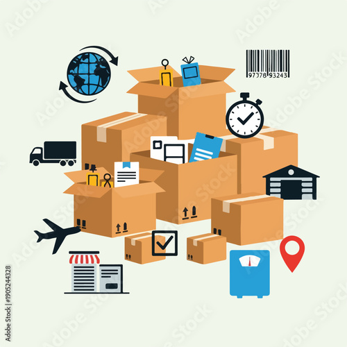 Shipping and logistics illustration with boxes, trucks, and globe