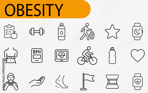 The Battle Against Obesity: A visual representation using health icons depicting the struggle with obesity, illustrating elements such as fitness, monitoring, and lifestyle.