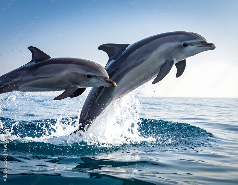 Fototapeta premium Two dolphins leaping out of the ocean, sunlight reflecting off their sleek bodies