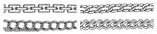 Set of black isolated silhouette of chains on white background. Set of black and white vector chain link patterns and seamless brush strokes in various sizes for borders, vector illustration.