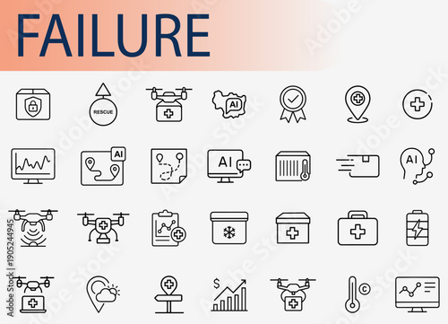 Failure: A symbolic representation of failure, depicted through a collection of digital icons illustrating various concepts associated with technological, logistical and data-driven issues.