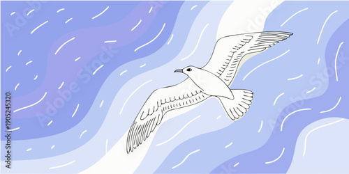 A solitary seagull gracefully soars through a stylized wavy blue sky