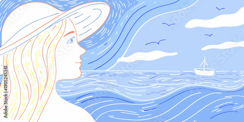 A woman in a hat gazes out at the blue sea and sky