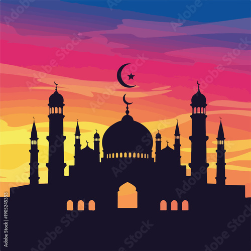 Silhouetted mosque against a vibrant, pixelated sunset with moon symbol