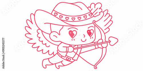 A charming cupid with a cowboy hat and bow drawn in a whimsical style