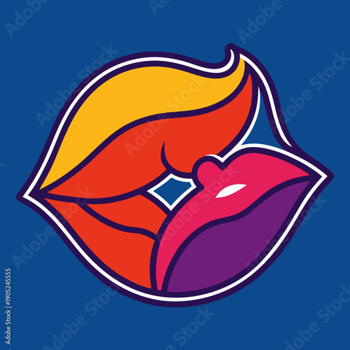 A vibrant illustration of two stylized abstract lips locked in a passionate kiss on a deep blue background.
