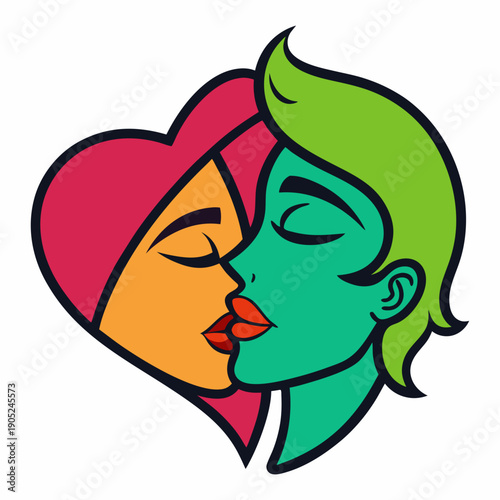 Vibrant pop art illustration of two stylized faces sharing a passionate kiss