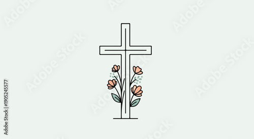 Simple illustration with a cross adorned with flowers and green leaves