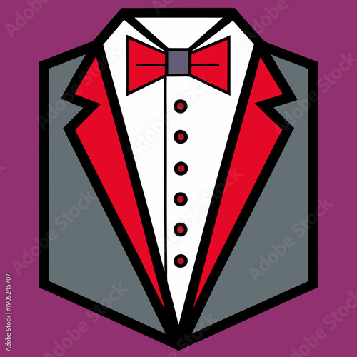 Stylish grey tuxedo jacket with vibrant red bow tie and contrasting red lapels