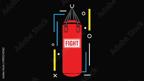 Dynamic red punching bag illustration with the word fight displayed prominently on a black background for sports and fitness motivation.