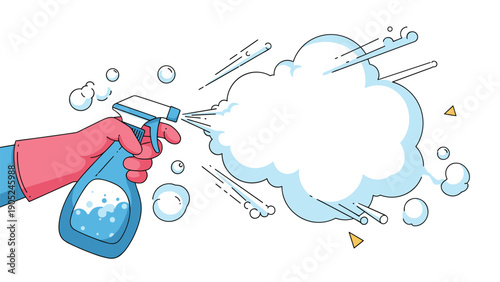 Illustration of a hand wearing a red protective glove using a blue spray bottle to create a large cloud of cleaning foam or soap suds.