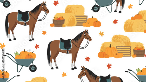 Charming autumn farm pattern featuring brown horses with saddles, hay bales, orange pumpkins, and falling maple leaves on white.