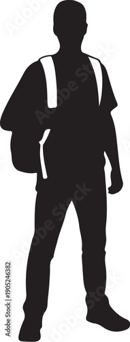 Silhouette of a person with a backpack and reflective vest standing