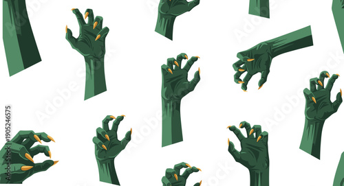 A diverse collection of scary green decaying zombie hands rising from graveyard soil with sharp yellow nails for spooky Halloween horror graphic design projects.