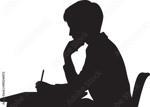 Silhouette of a person writing at a desk with a pen