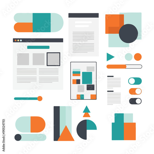 Stylized graphical elements including shapes, bars, and page layouts