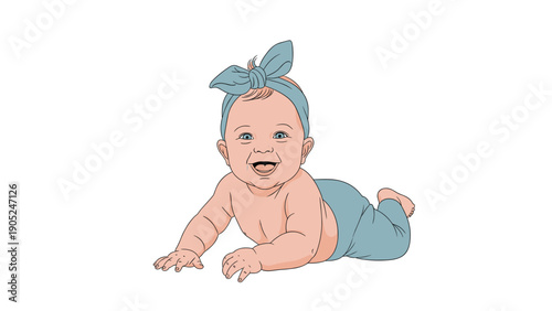 Beautiful and happy baby girl with a blue bow headband crawling on a white background while showing a joyful and bright smile.