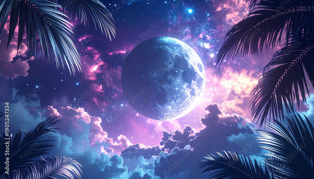 Fototapeta premium ヤシの葉と青紫の星雲に浮かぶ月の幻想的な宇宙空間