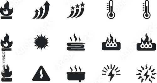 Fire and heat icon set with flames temperature symbols warning signs and energy elements isolated vector illustration