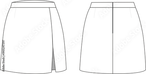 Women's Pencil Skirt Technical Flat Sketch, Classic Midi and Mini Skirt Template with Back Zipper and Slit Detail Front and Back View