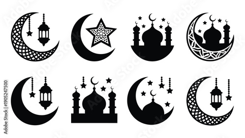 Ramadan kareem islamic symbols set crescent moon mosque lantern star icons for holy month of ramadan
