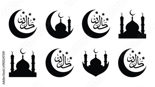 Ramadan kareem islamic symbols set crescent moon and mosque silhouettes with arabic calligraphy black icons on white background for holy month of ramadan eid mubarak greeting