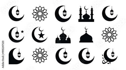 Ramadan kareem islamic symbols set crescent moon lanterns mosques and flowers for holy month eid al fitr and eid al adha celebrations muslim holidays and traditions