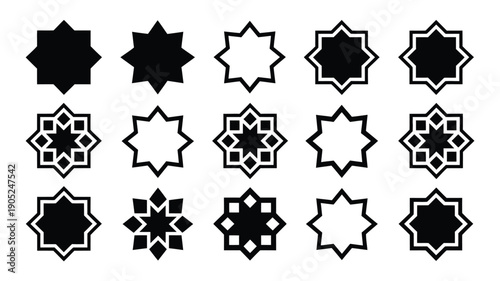Set of 16 black and white star shaped islamic geometric patterns on white background for design and decoration