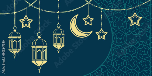 Ramadan kareem vector art with hanging lanterns, crescent moon and stars, and islamic pattern background