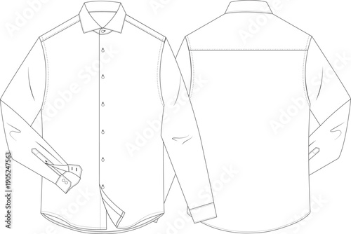 Men's Formal Dress Shirt Technical Flat Sketch, Classic Tuxedo Shirt Template with Pleated Bib Front and Back View