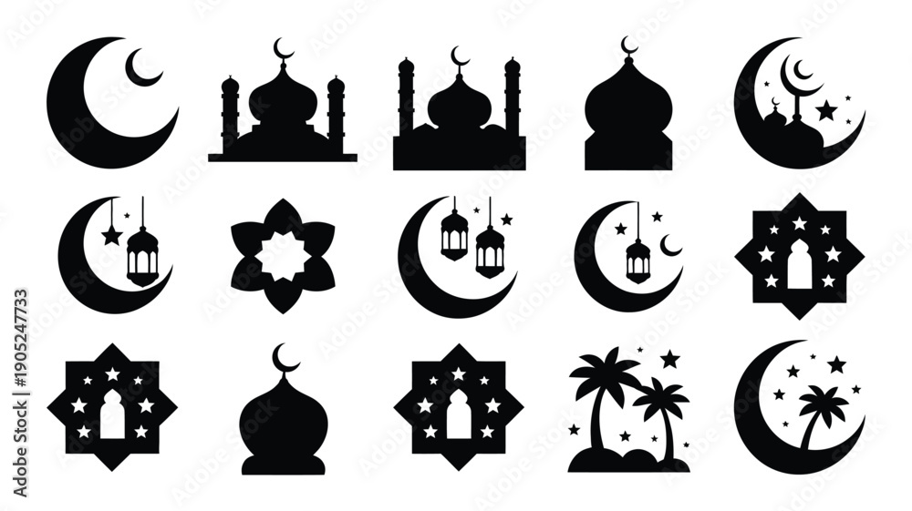 Obraz premium Ramadan kareem islamic symbols set mosques crescent moons lanterns and stars on white background