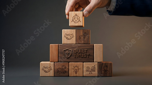 Wooden Cubes Stacked to Form Built Trust Concept with Business Symbols