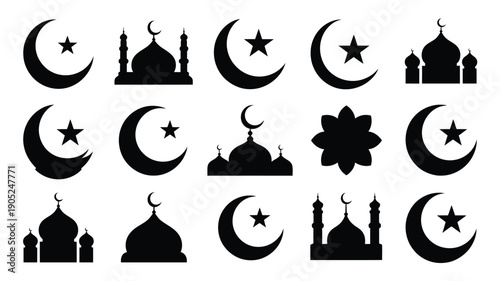 Black silhouettes of mosques crescent moons and stars on white background islamic symbols and ramadan decorations
