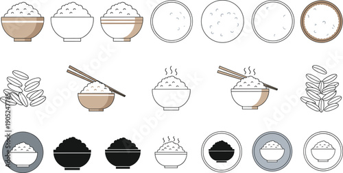 Rice bowl icon set with chopsticks grains portions and hot meal symbols isolated line flat vector illustration
