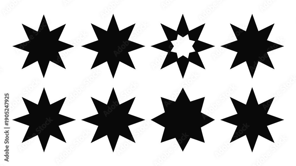 Fototapeta premium Eight black starburst shapes arranged in two rows on white background for design and graphic resources