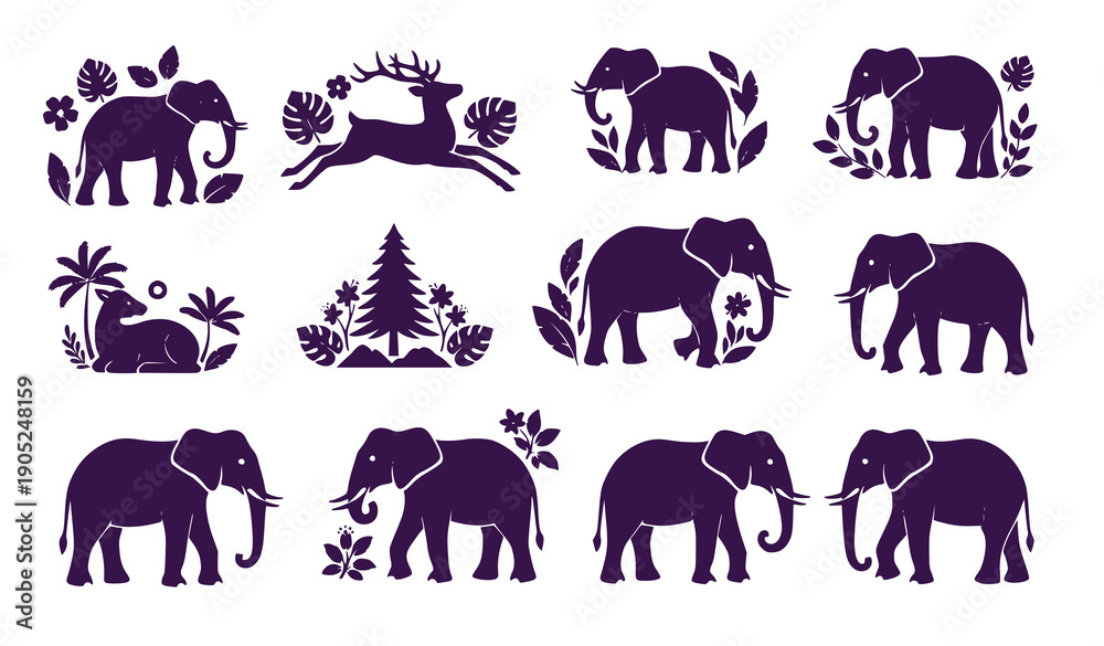 Obraz premium Cute jungle animal silhouettes set with elephant deer lion palm tree and pine tree vector illustration