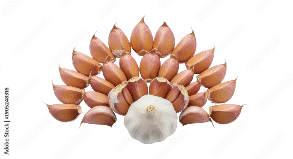Obraz premium ニンニク1玉と茶色いニンニク皮の扇形配置 白背景の商品写真 フード広告 or レシピバナー用