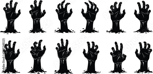Scary green decaying zombie hands rising from graveyard soil in various poses and black silhouettes for spooky Halloween horror posters and digital graphic designs.