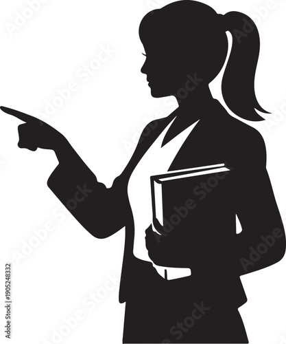 Silhouette of a woman pointing while holding a book
