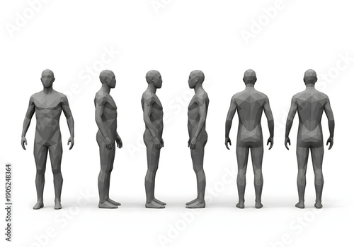 Geometric low-poly 3D render of a male mannequin, shown from front, side, and back views, isolated on white.