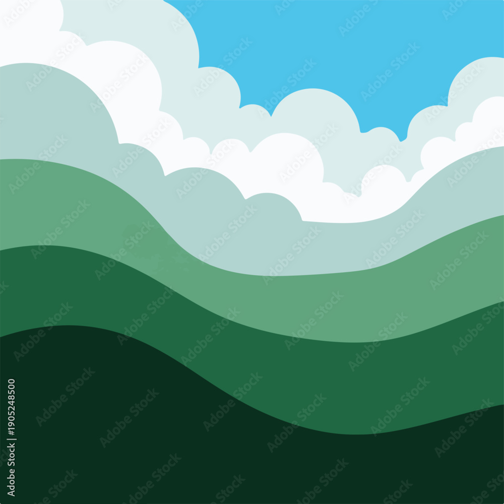 Fototapeta premium Stylized landscape with layered hills and fluffy clouds