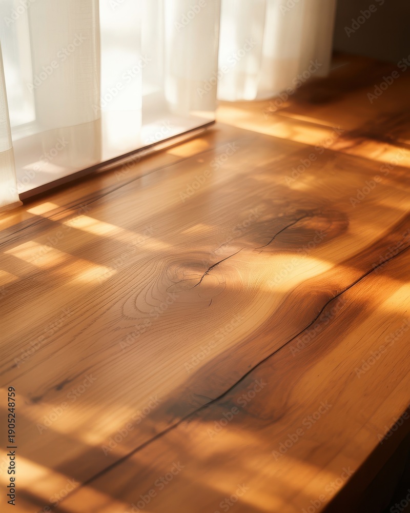 Fototapeta premium Warm natural light on wooden desk by window with white curtains