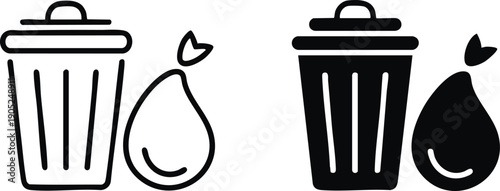 Line Art and Solid Silhouette Trash Can and Bag Icons, Monochrome Graphic of a Garbage Bin and Tied Refuse Bag, vector, illustration, silhouette.
